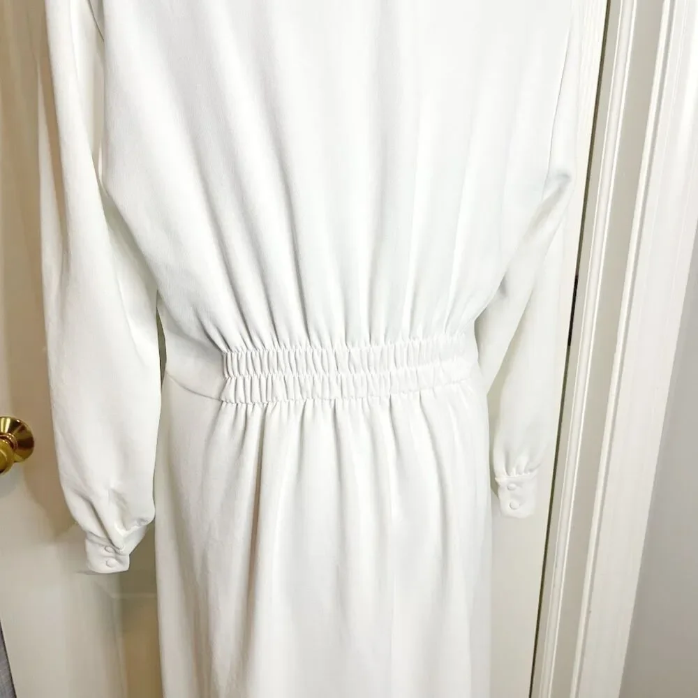 Zara Midi V Neck Button Down Front Smocked Polyester Textured Long Sleeve Dress - Picture 11 of 15